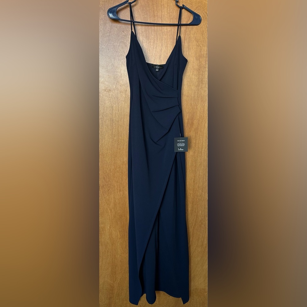 Lulu’s Elegant Navy Blue Spaghetti-Strap Evening Dress with Pleats Tags On